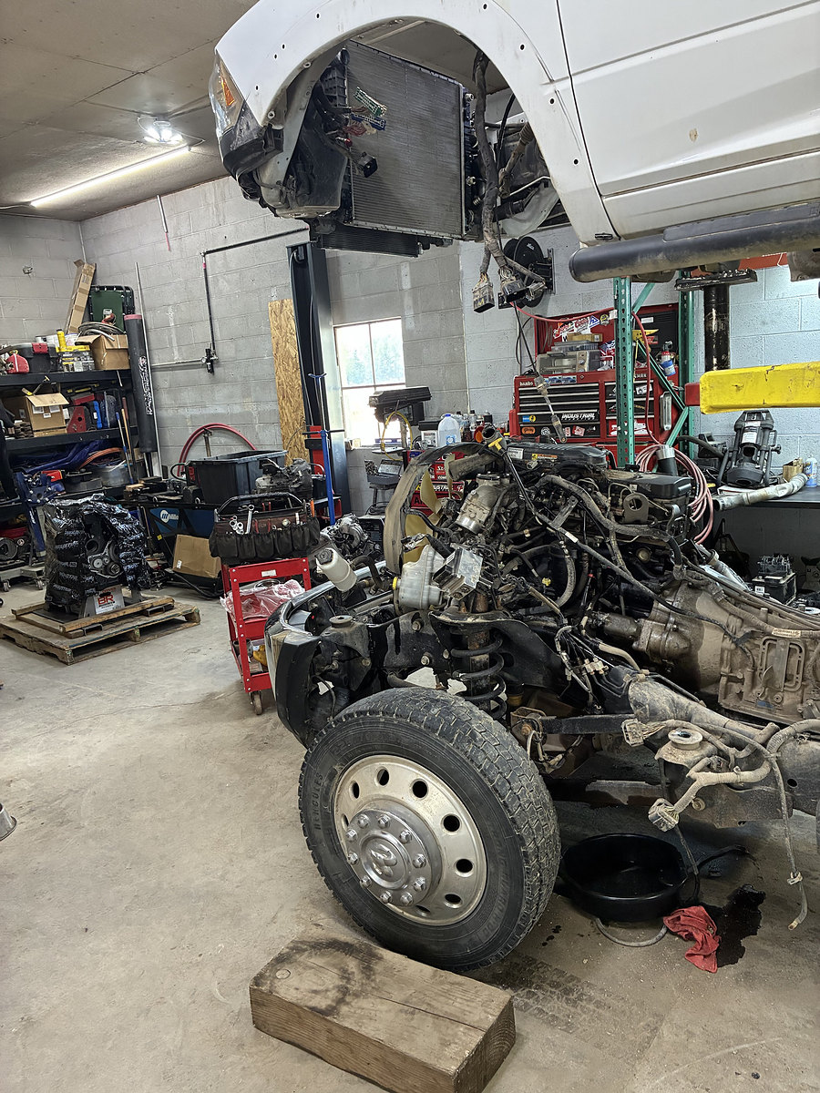 Ram dually on a lift with the front end apart